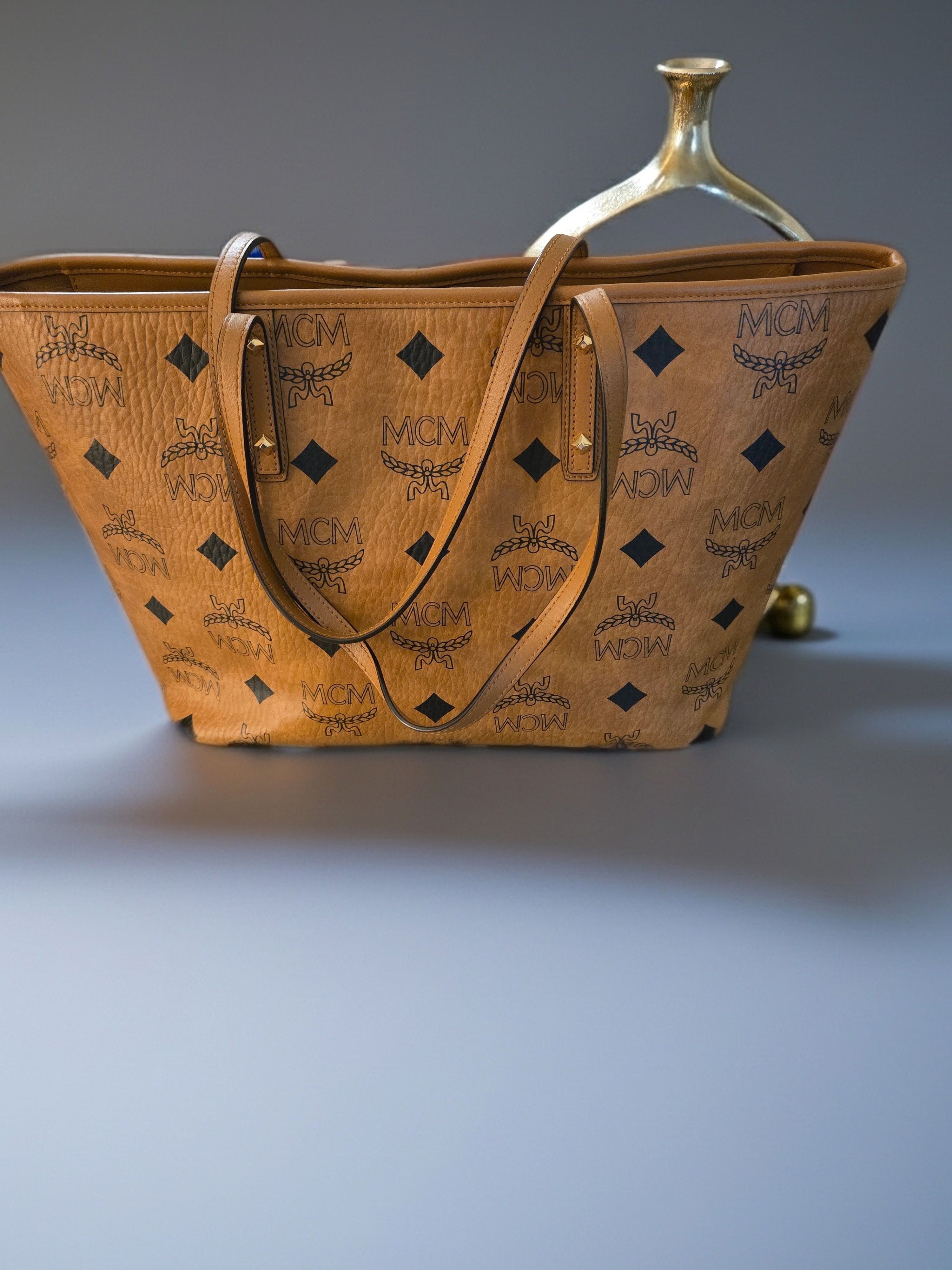 Mcm Cognac Monogram Large Leather Tote